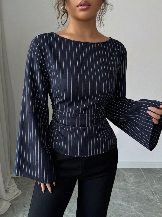 Women's Striped Bell Sleeve Tie Waist Blouse