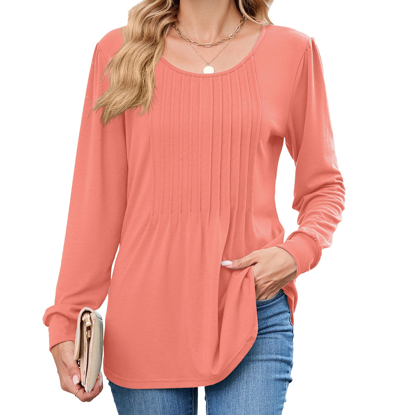Women's Pleated Front Long Sleeve Tunic Top Loose Fit