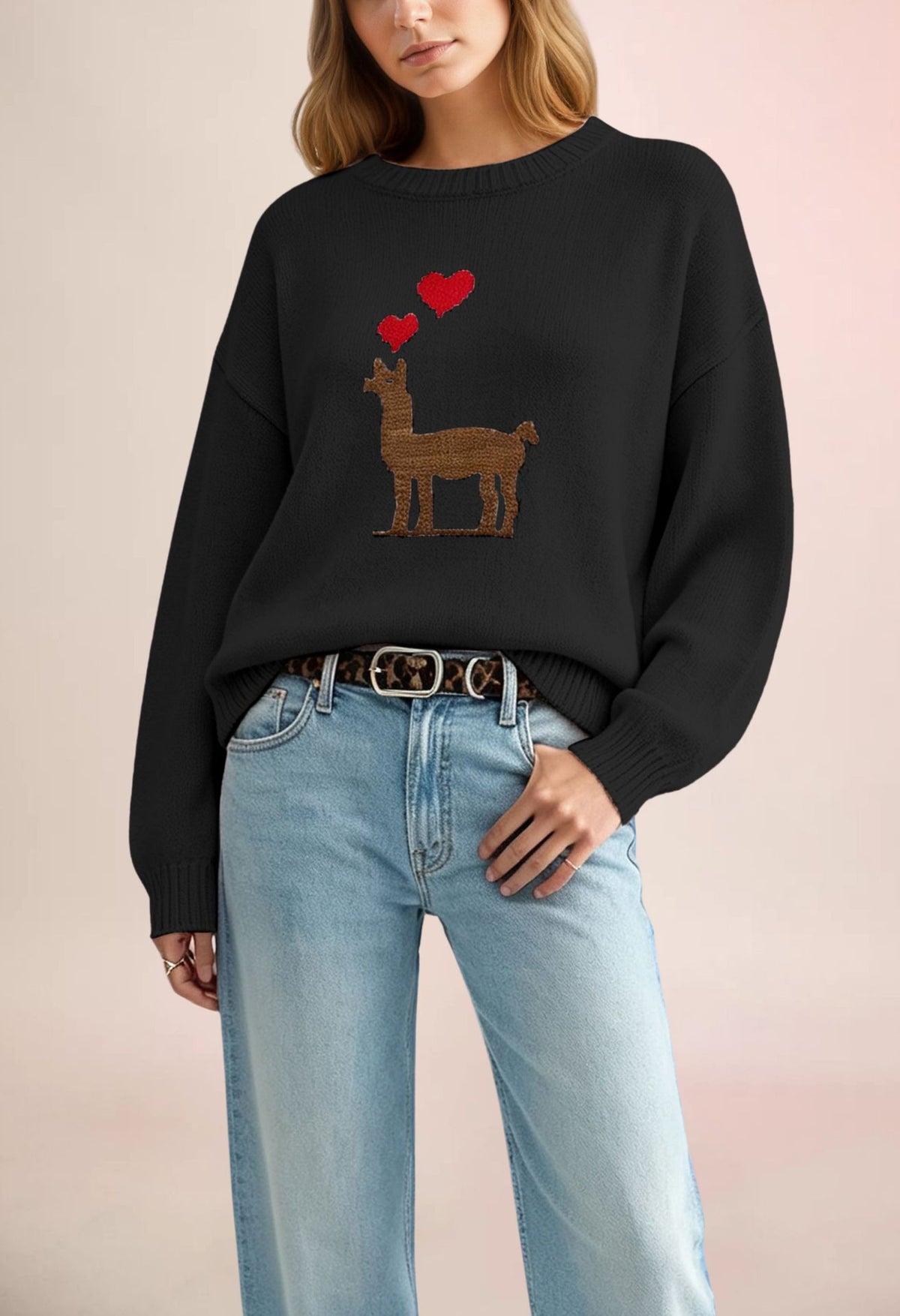 Women's Llama Heart Oversized Crewneck Pullover Sweater