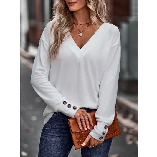 Solid Cotton Top Casual Relaxed V-Neck Button Sleeve