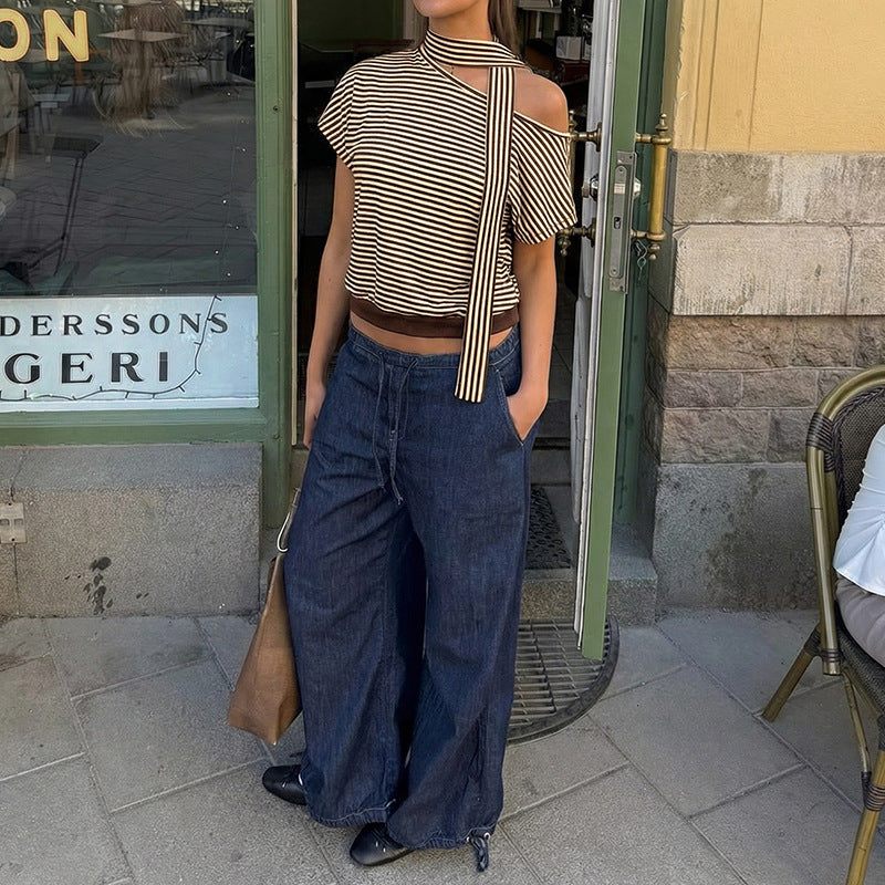 Striped One Shoulder Choker Neck Crop Tee Top