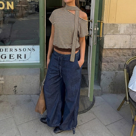 Striped One Shoulder Choker Neck Crop Tee Top