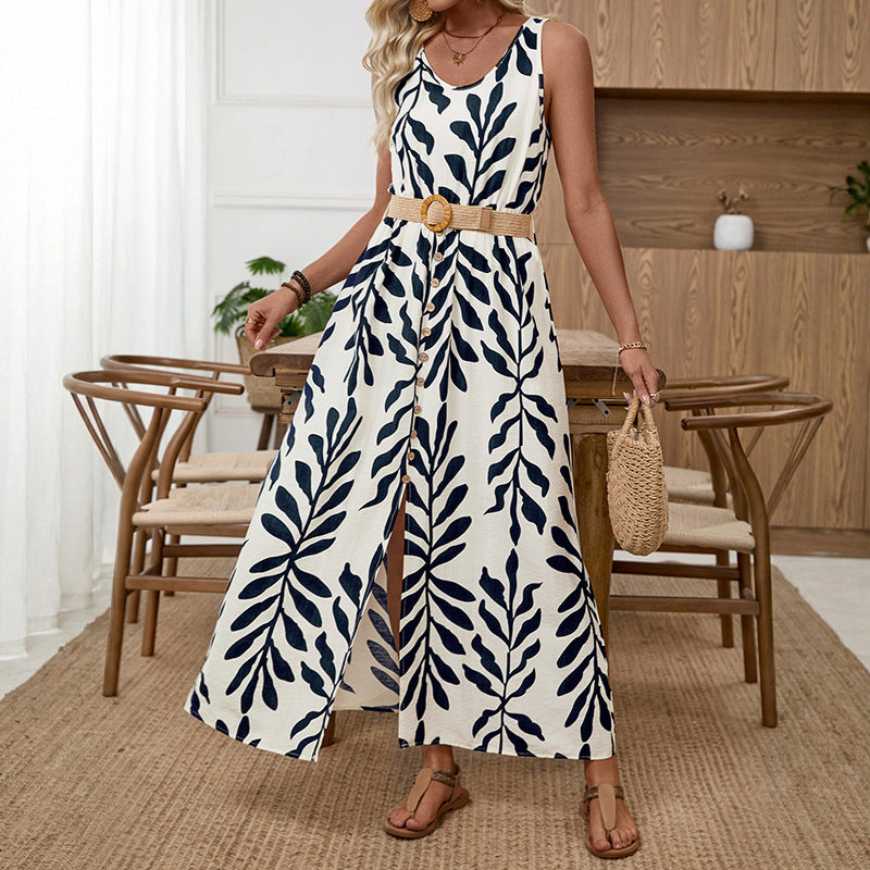 Boho Leaf Print Sleeveless Belted Maxi Dress Split