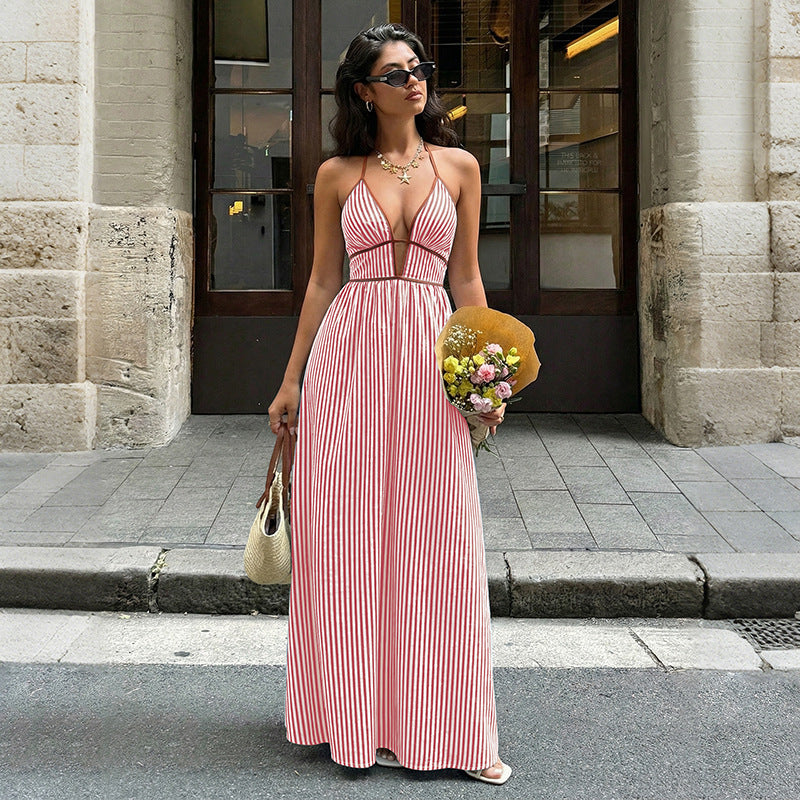Striped Halter Backless Maxi Dress Vacation Summer