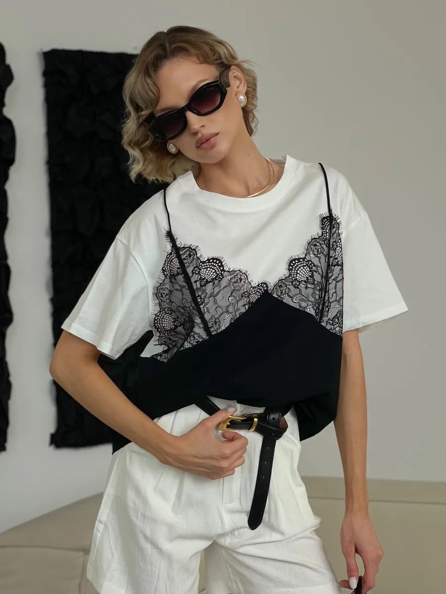 Lace Patchwork Cotton T Shirt Trendy Layered Loose Fit