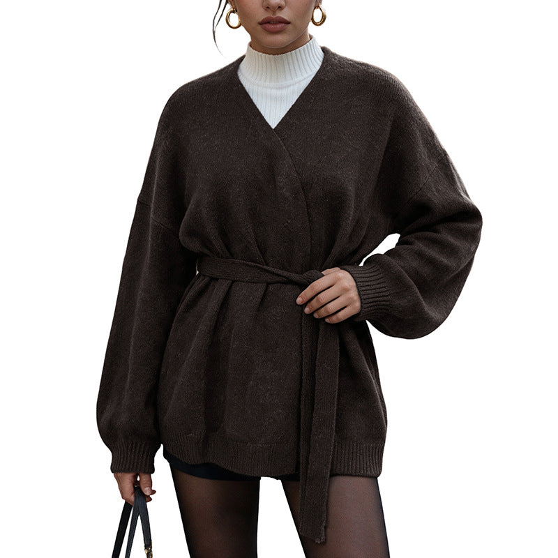Women's Oversized Belted Cardigan V-Neck Knit Sweater