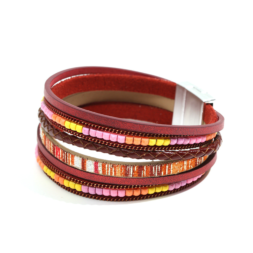 Boho Multi Layer Leather Wrap Bracelet with Magnetic Clasp