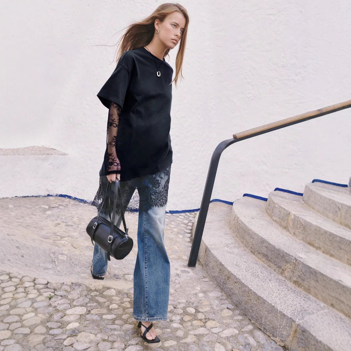 Women Lace Patchwork Sheer Sleeve Loose T Shirt