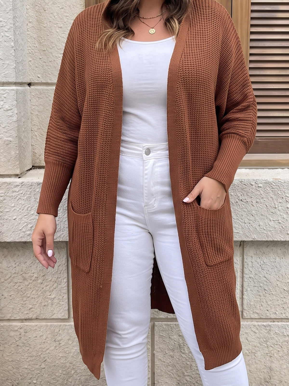 Oversized Batwing Open Front Knit Cardigan with Pockets