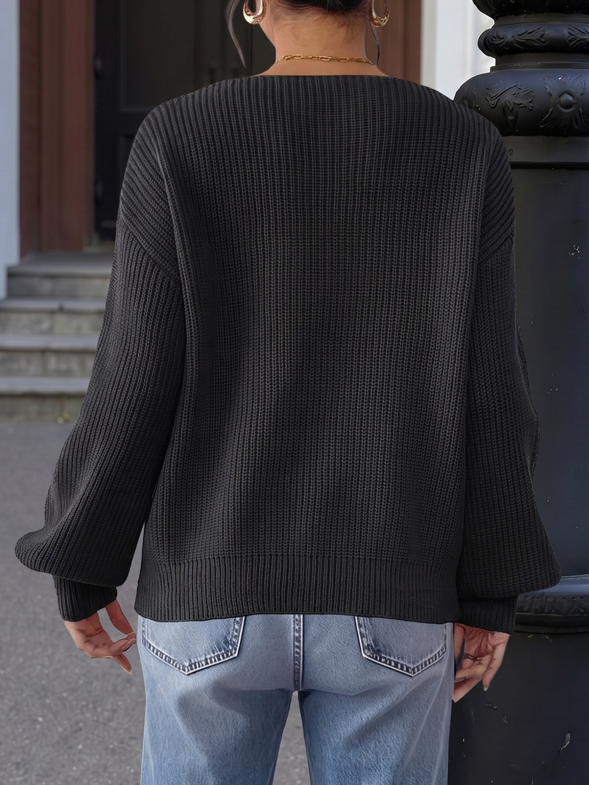 V-Neck Beaded Flower Sweater Balloon Sleeve Pullover