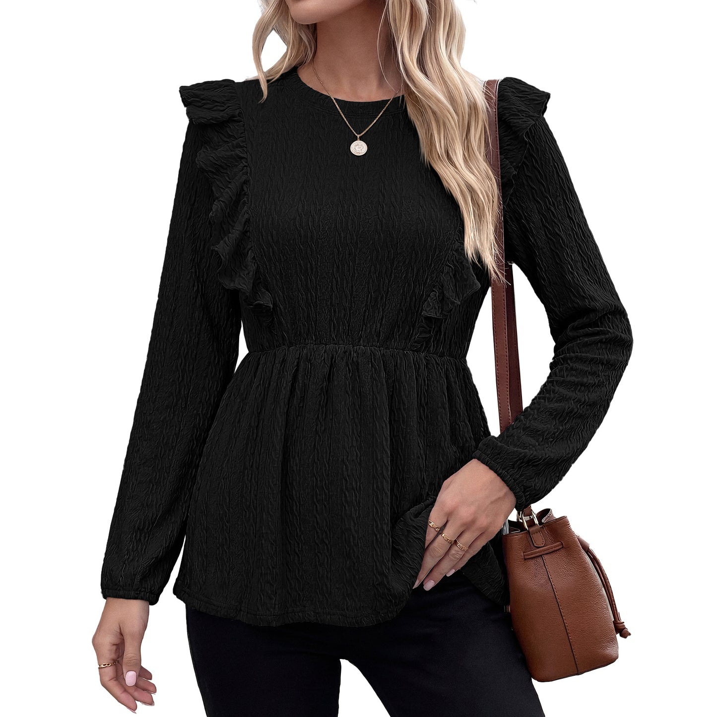 Women's Ruffle Peplum Long Sleeve Blouse Top