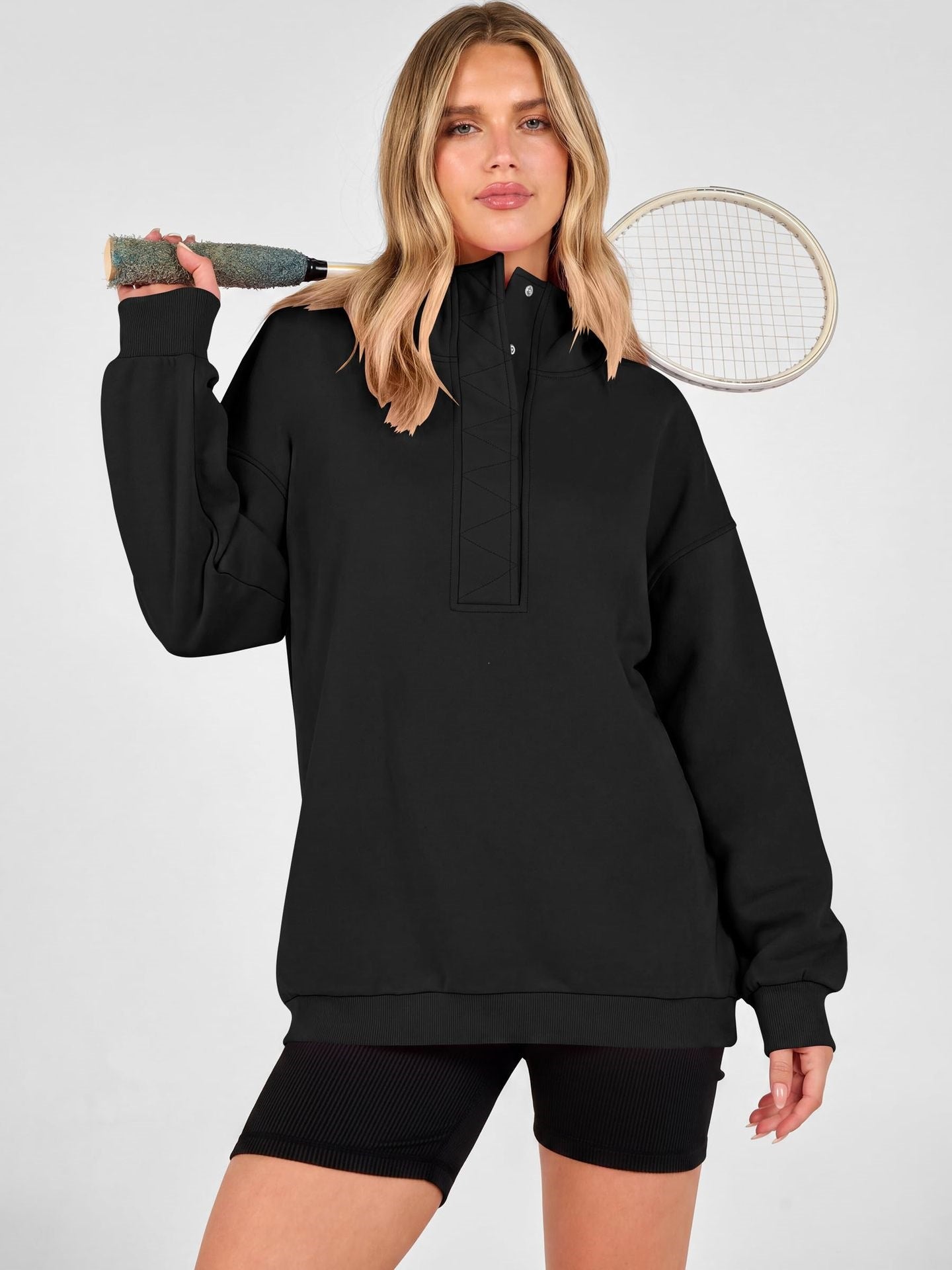 Solid Cotton Blend Hoodie Casual Oversized Snap Neck