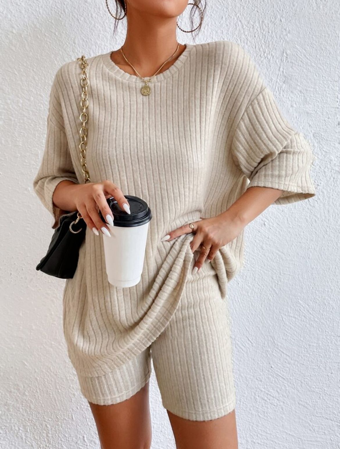 Ribbed Knit Two Piece Set Oversized Top & Biker Shorts