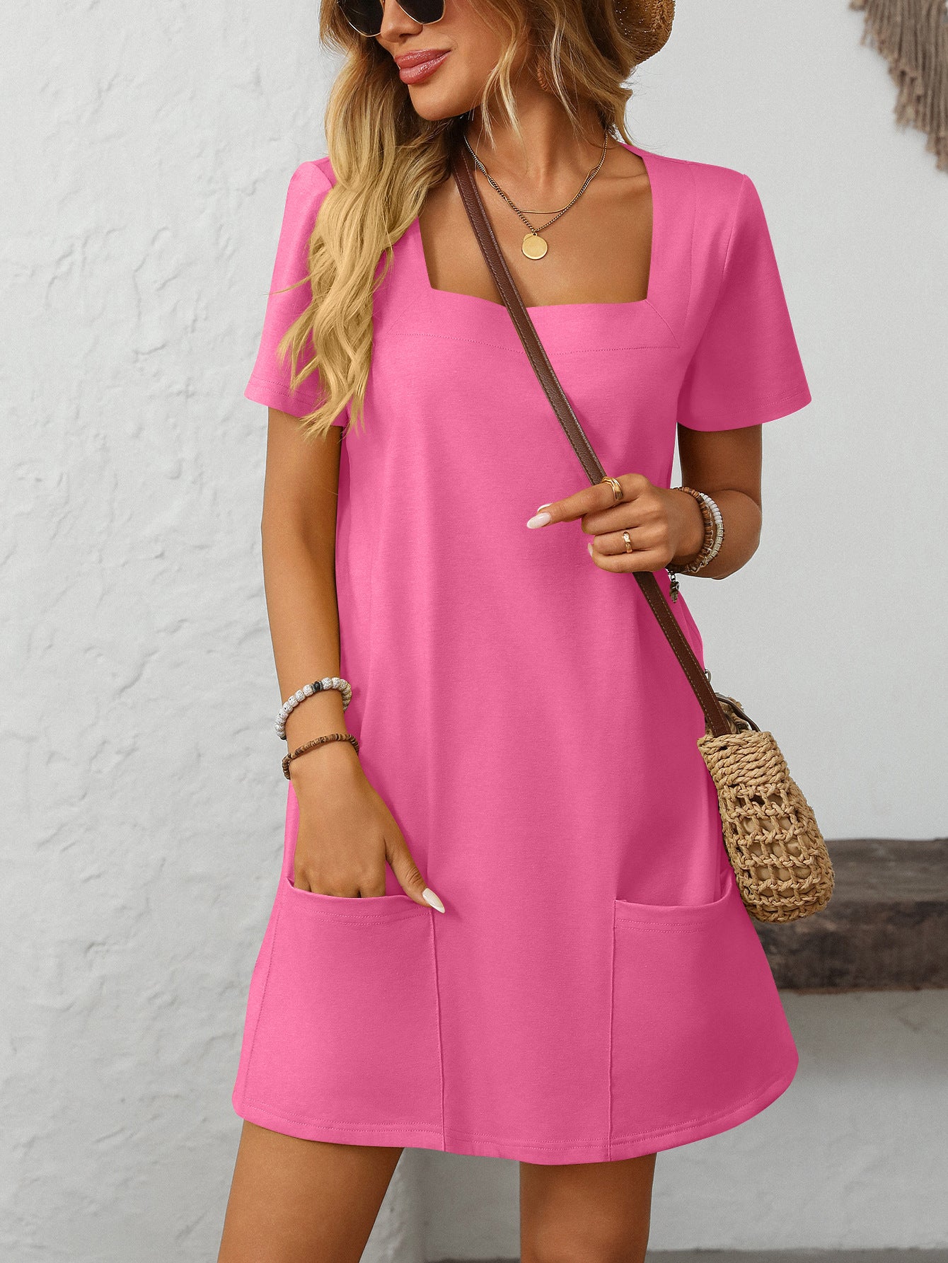 Solid Color Casual Square Neck Short Sleeve Mini Dresses with Pockets