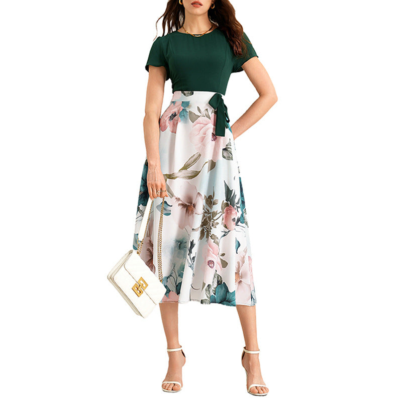 Floral Print Short Sleeve Patchwork Maxi Dress