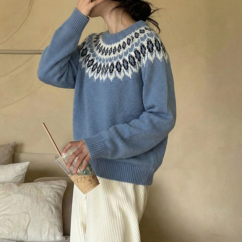 Women's Fair Isle Crew Neck Long Sleeve Knit Sweater