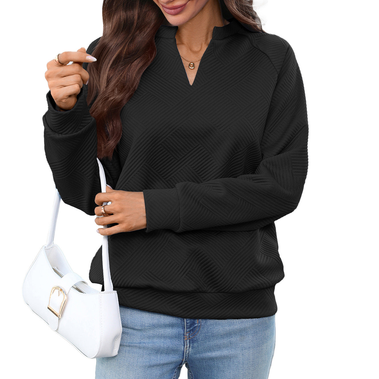Textured Cotton Pullover V Neck Long Sleeve Trendy Top
