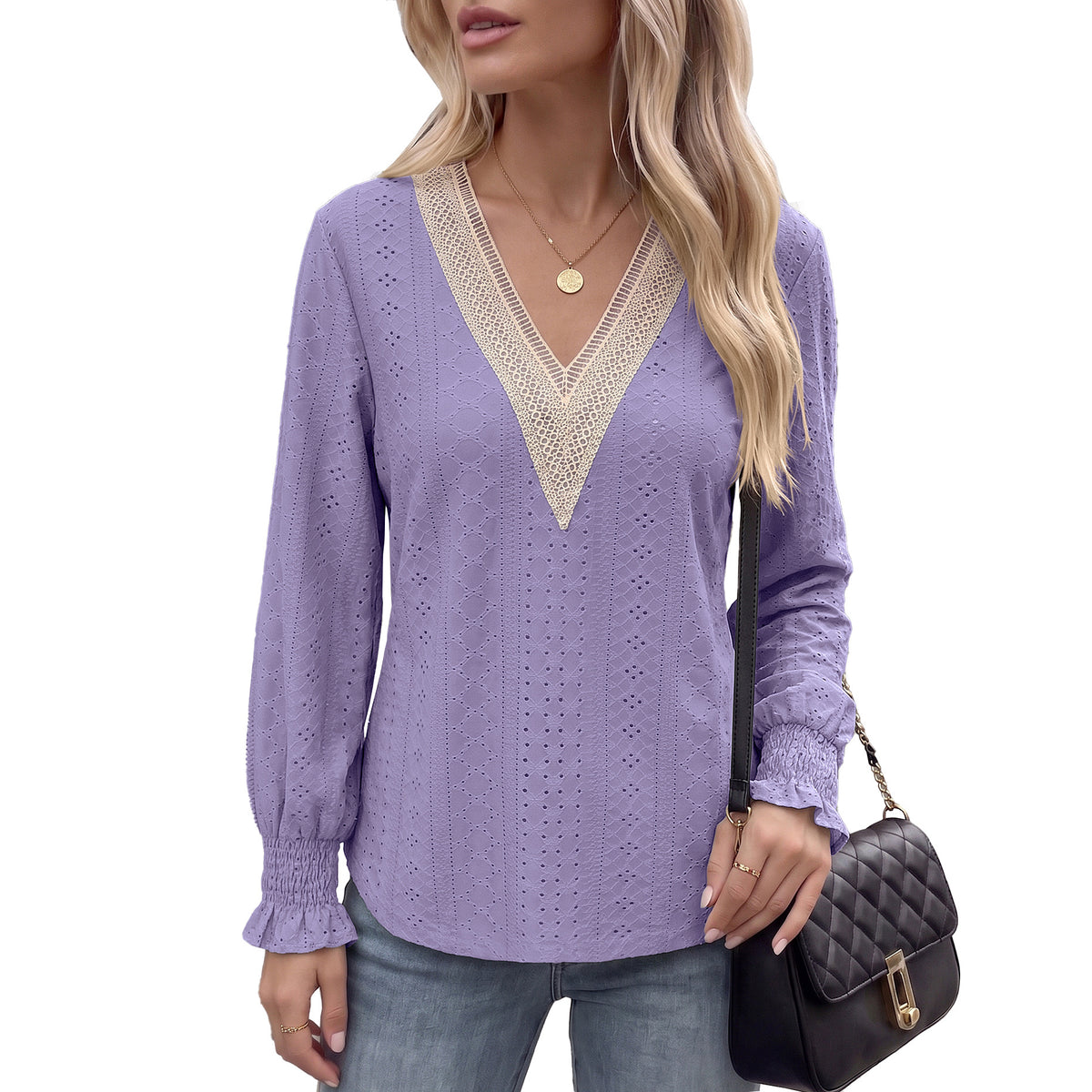 Women's V Neck Lace Trim Eyelet Long Sleeve Blouse