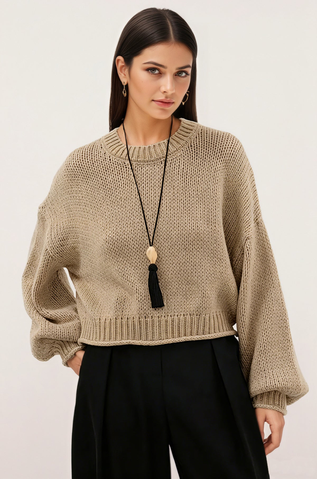 Women's Oversized Cropped Chunky Crew Neck Sweater
