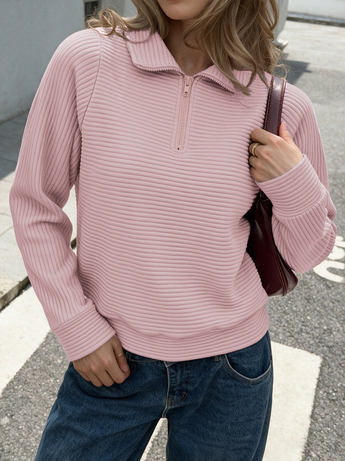 Women's Oversized Ribbed Half Zip Collared Sweatshirt