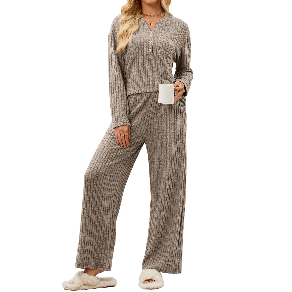 Women's Ribbed Lounge Set Button Front Wide Leg Pants