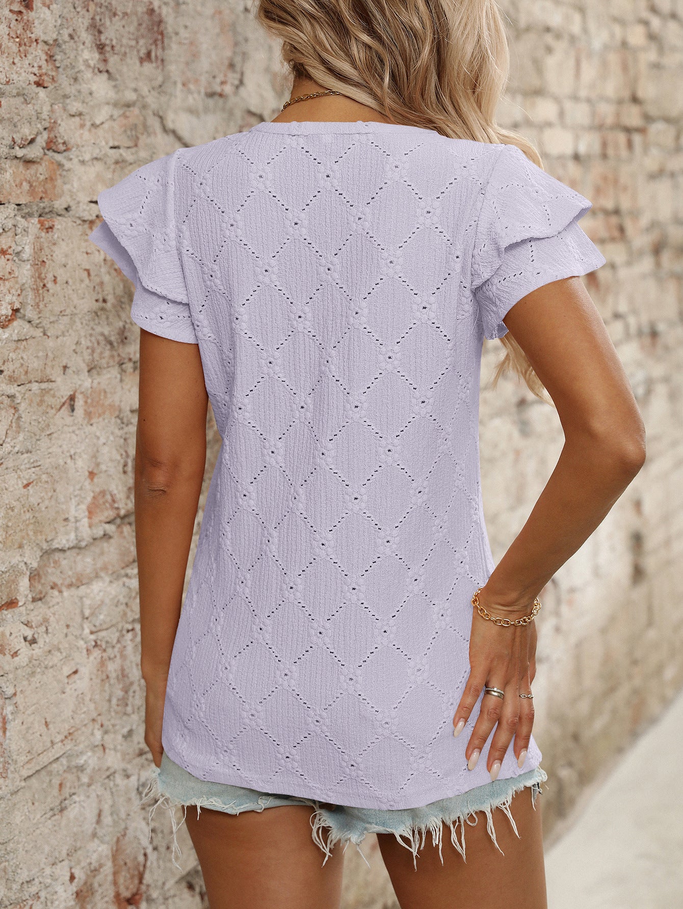 V Neck Eyelet Ruffle Sleeve Knit Summer Casual Top