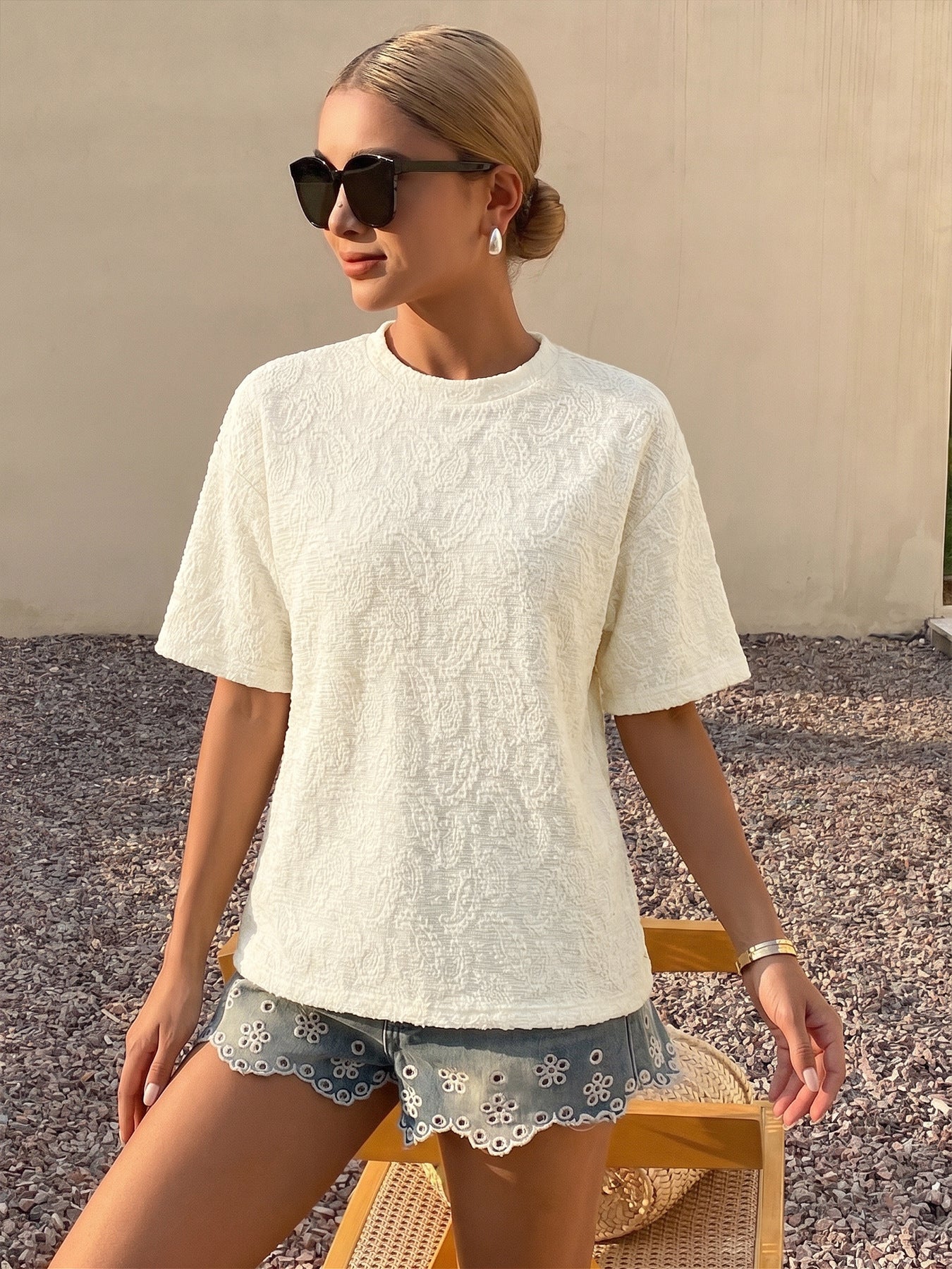 Paisley Textured Knit Top Oversized Drop Shoulder