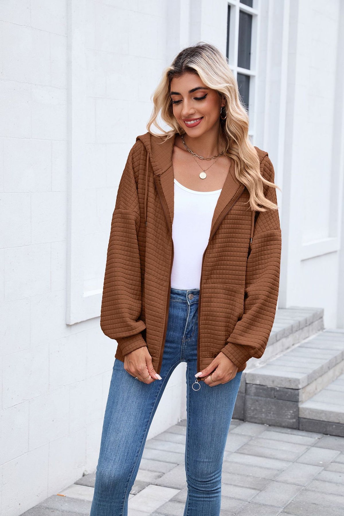 Women's Oversized Quilted Zip-Up Hoodie Jacket Pockets