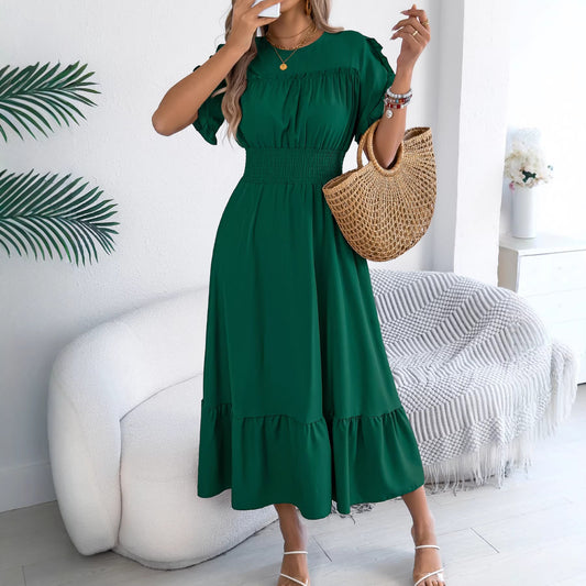 Green Smocked Waist Ruffle Hem Short Sleeve Maxi Dress