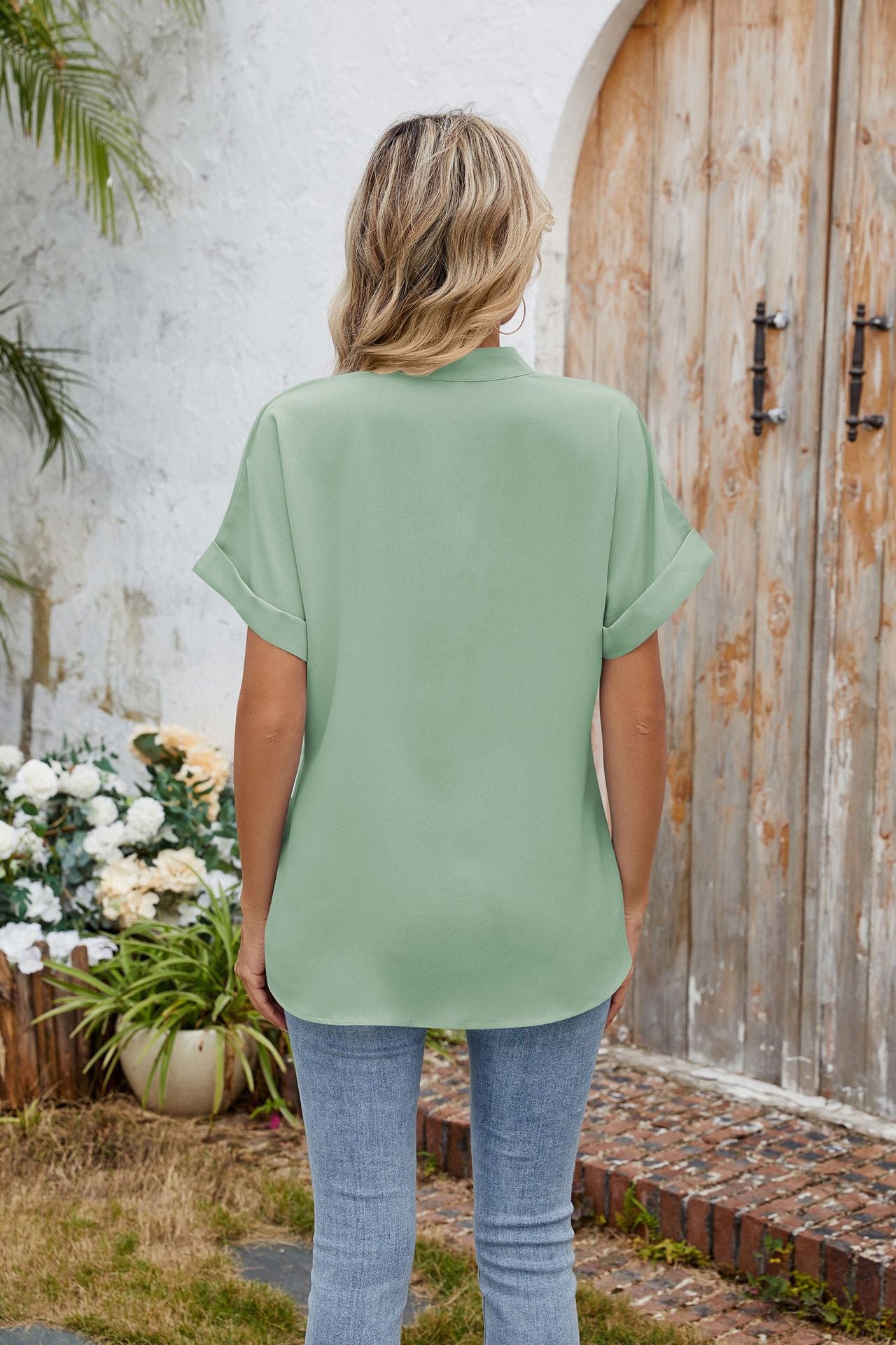 Elegant Solid Color V-Neck Short Sleeve Chiffon Blouse