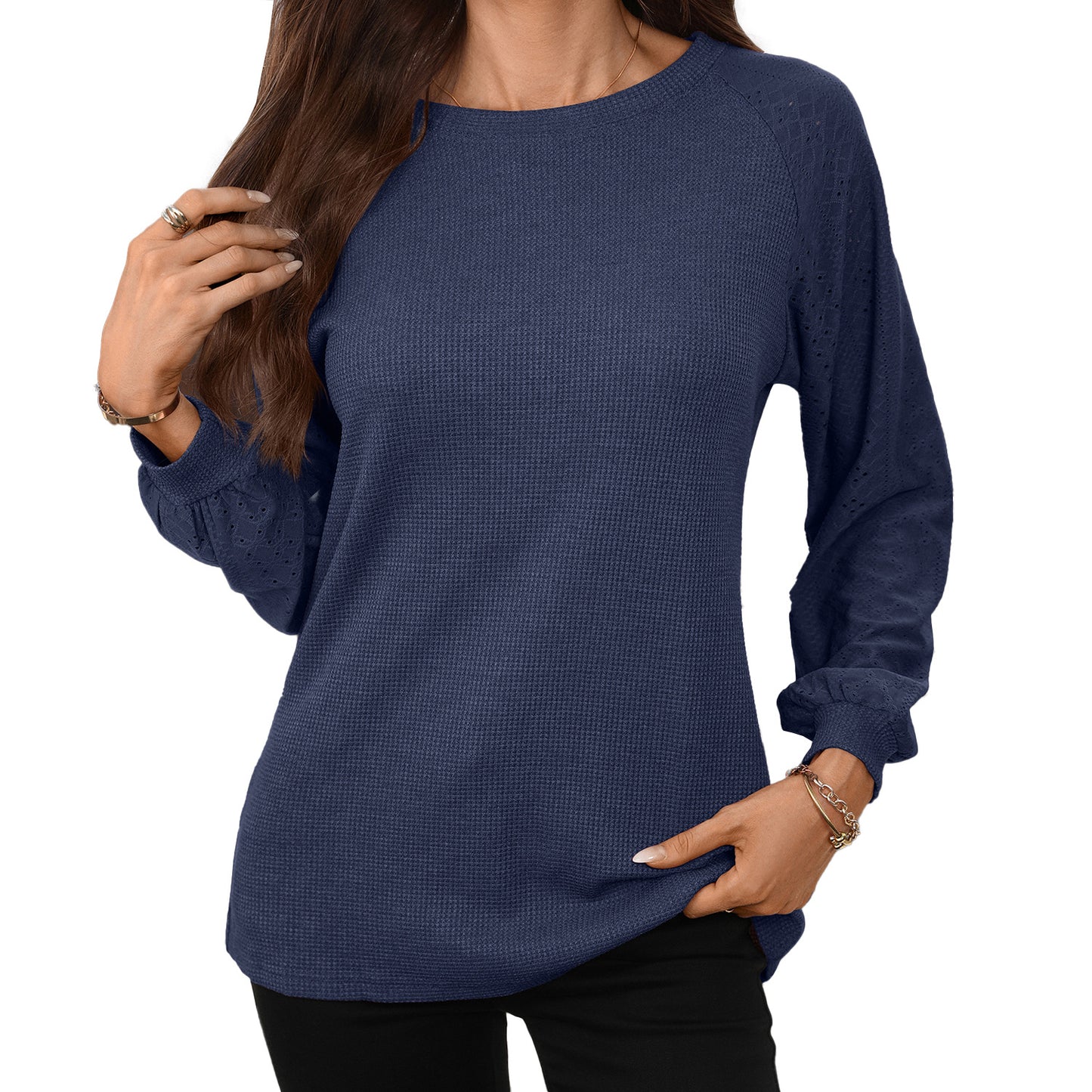 Solid Patchwork Long Sleeve Top Loose Fit Casual Blouse