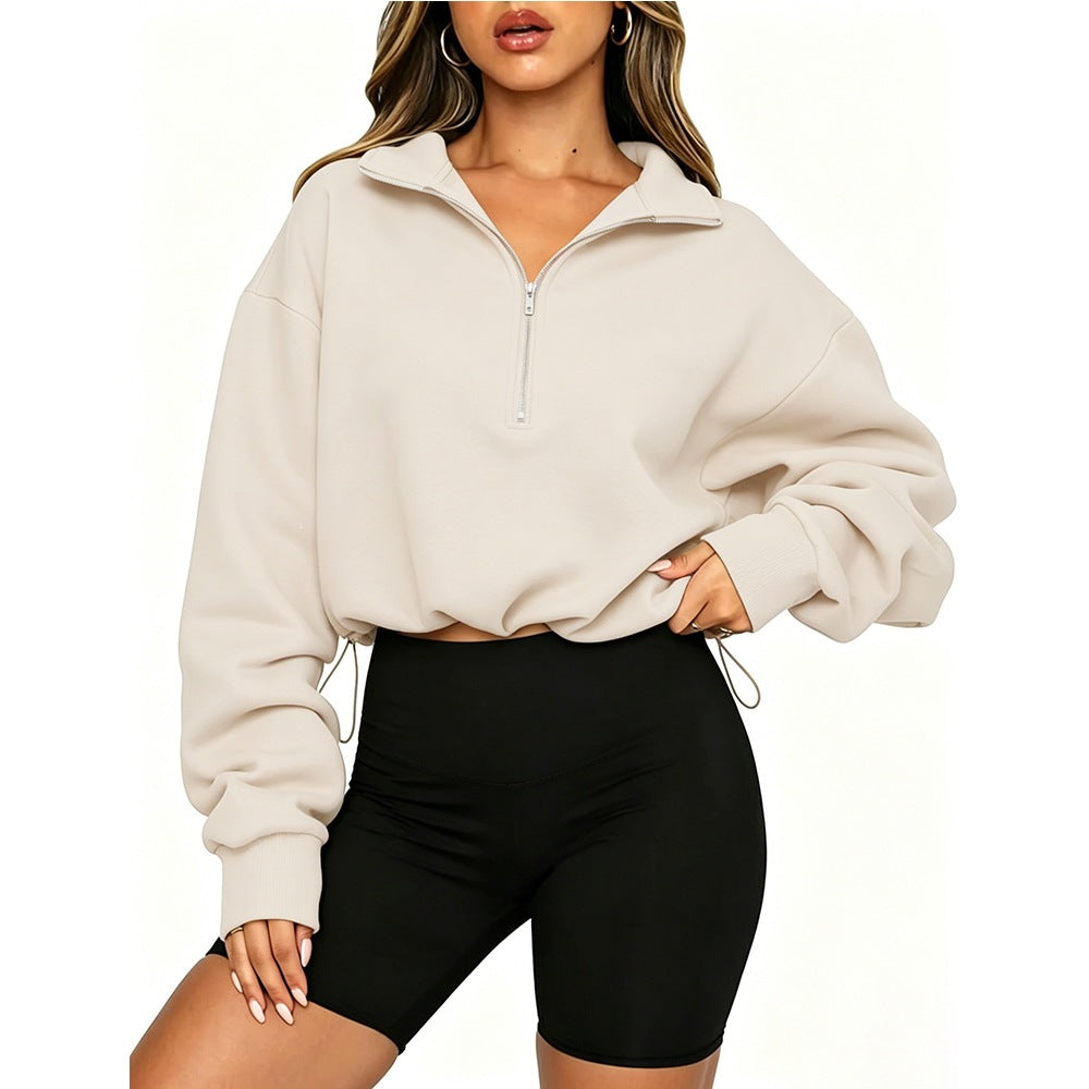 Half-Zip Pullover Sweatshirt Casual Drawstring Cropped Top