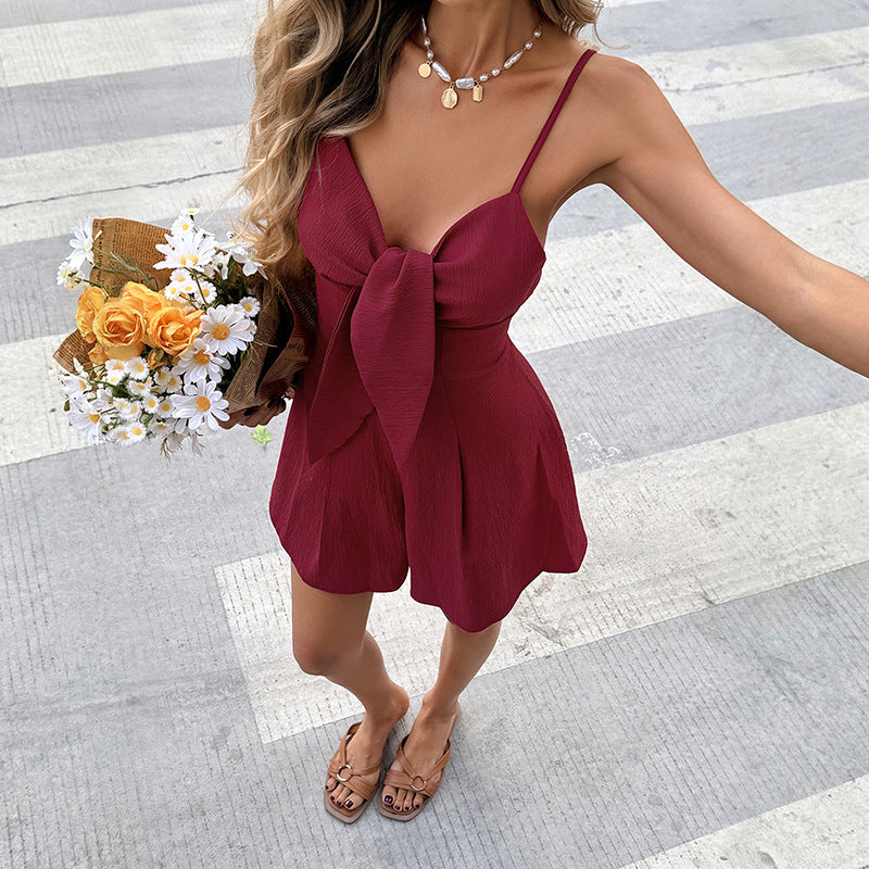 Solid Textured Romper Sexy Vacation Bow Front