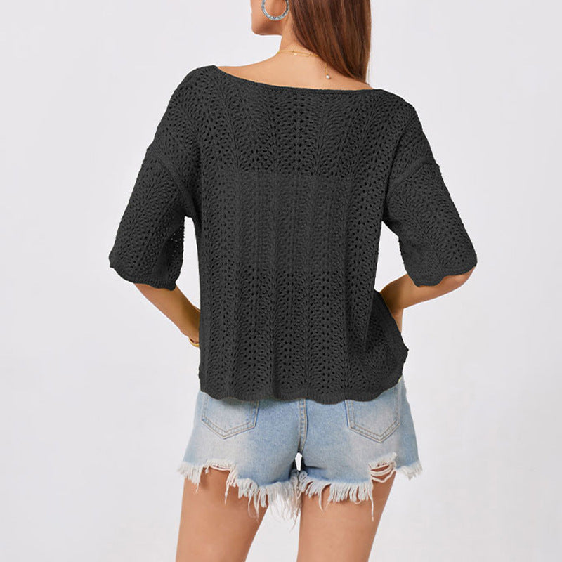 2026 Summer Women’s Loose Knit Hollow Round Neck Top