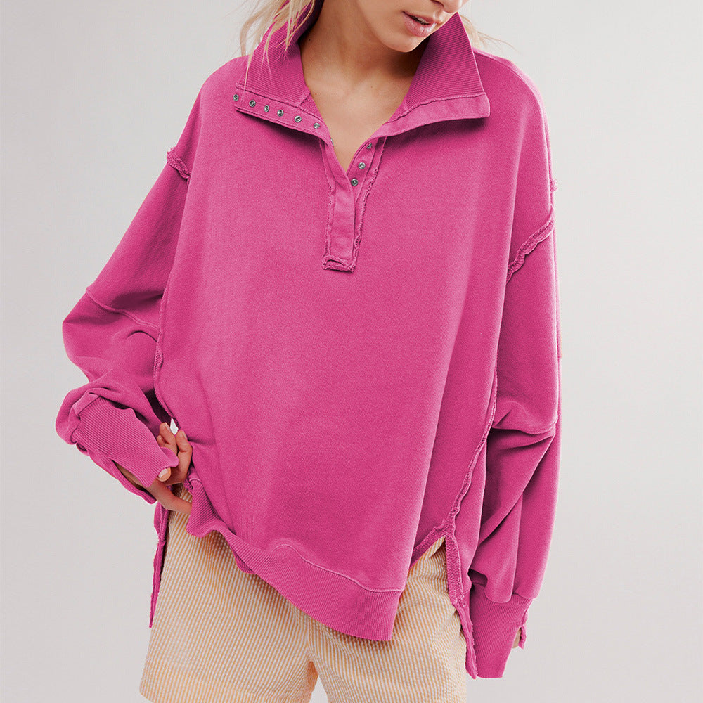 Oversized Collared Balloon Sleeve Split Hem Sweatshirt