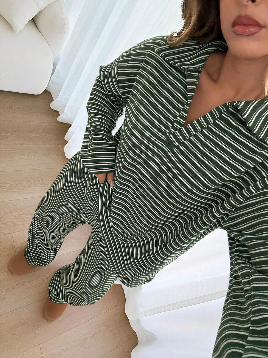 Striped Lounge Set Casual Collared Pullover Wide Leg Pants