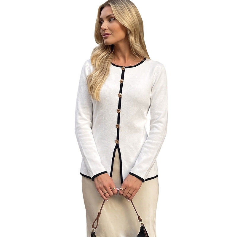 Contrast Trim Knit Cardigan Slim Fit Long Sleeve Sweater
