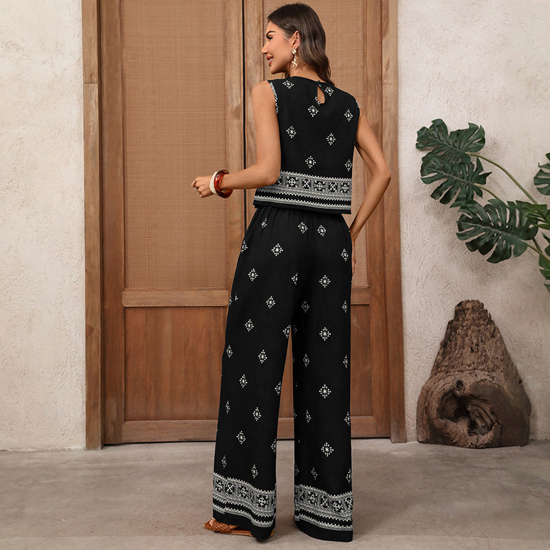 Womens Boho Two Piece Set Sleeveless Top Wide Leg Pants