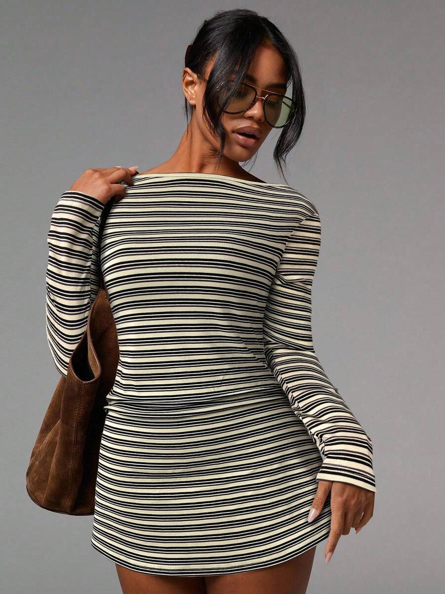 Striped Ribbed Mini Dress Boat Neck Long Sleeve Trendy Fit