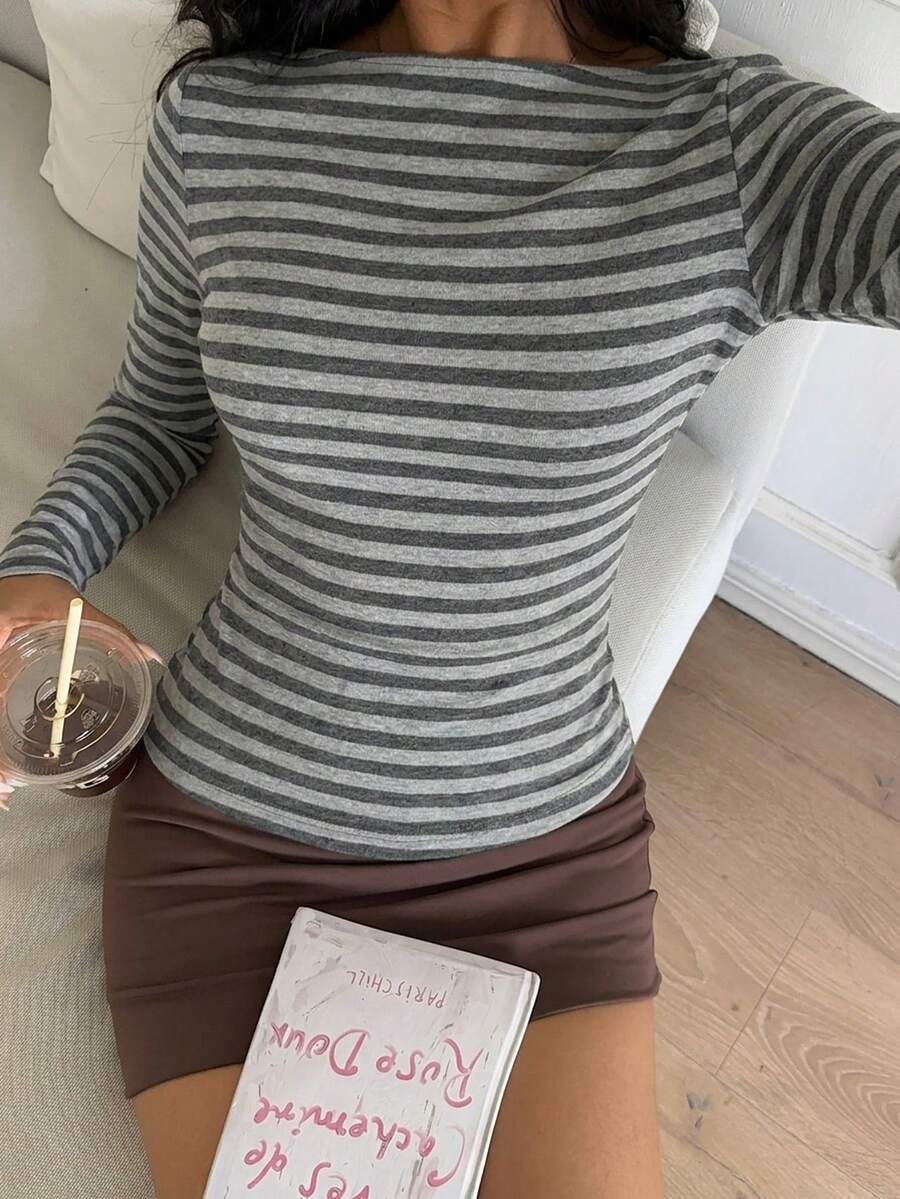 Striped Cotton Tee Casual Fitted Long Sleeve Trendy