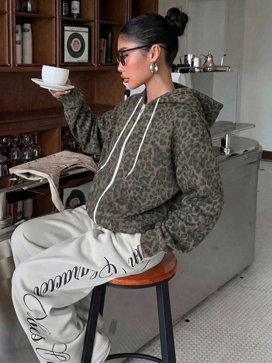 Women's Leopard Print Zip Up Fleece Hoodie Jacket