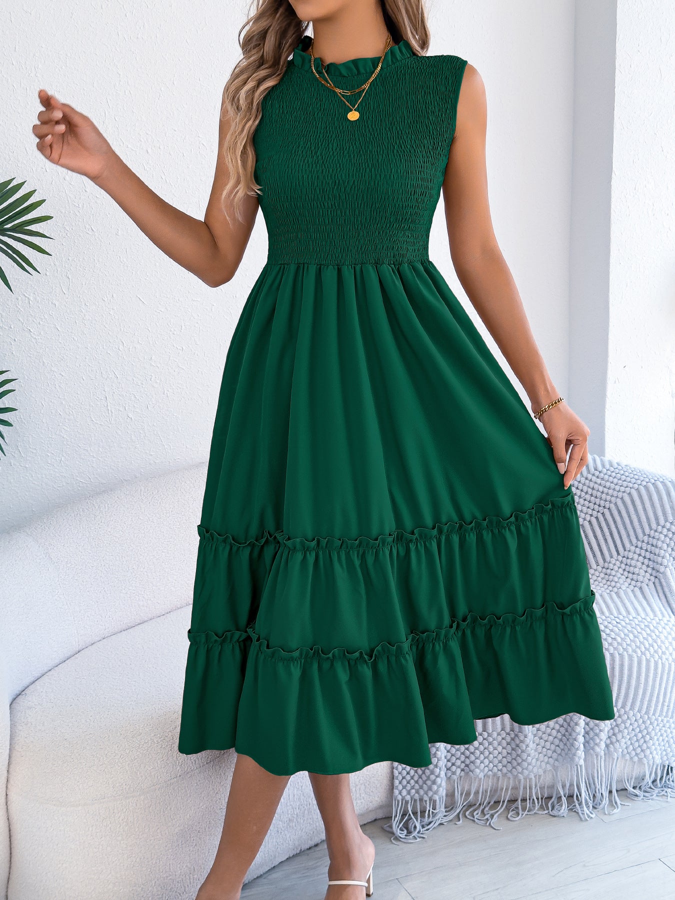 Light Blue Smocked Sleeveless Ruffle Tiered Maxi Dress