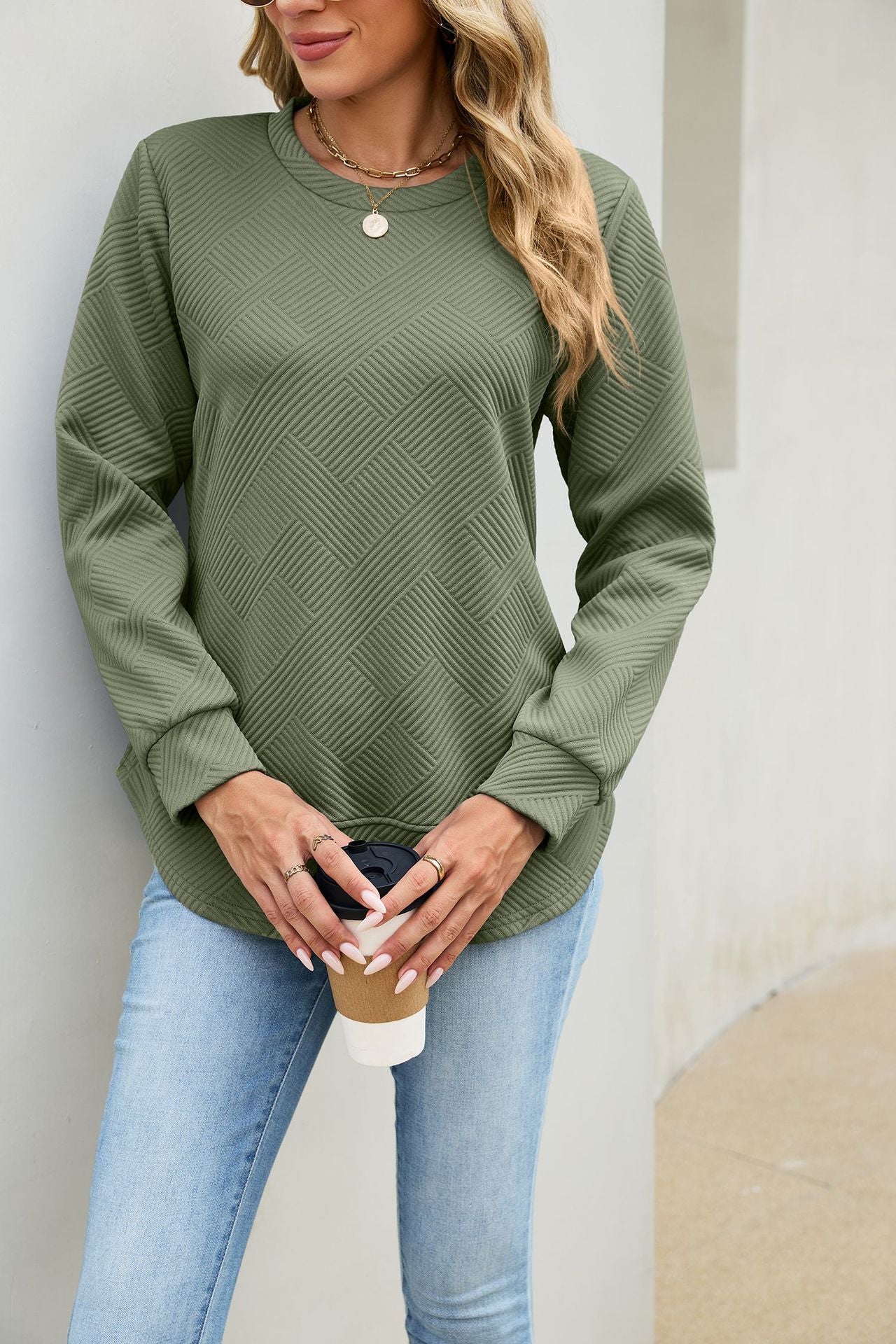 Solid Textured Cotton Sweatshirt Relaxed Long Sleeve Top