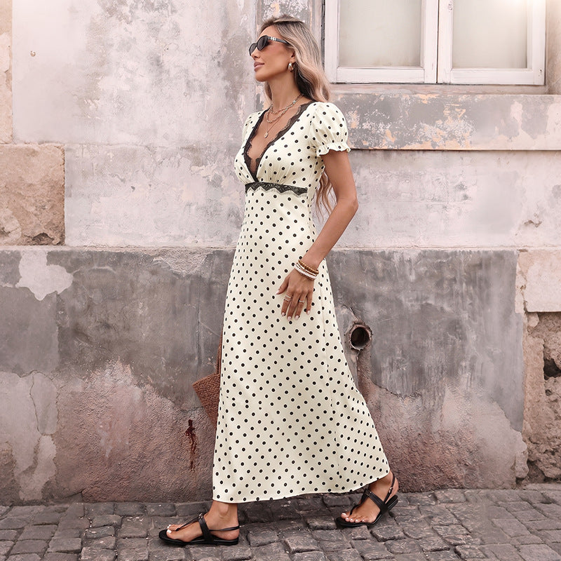 Polka Dot Woven Dress Vintage Lace Trim Maxi