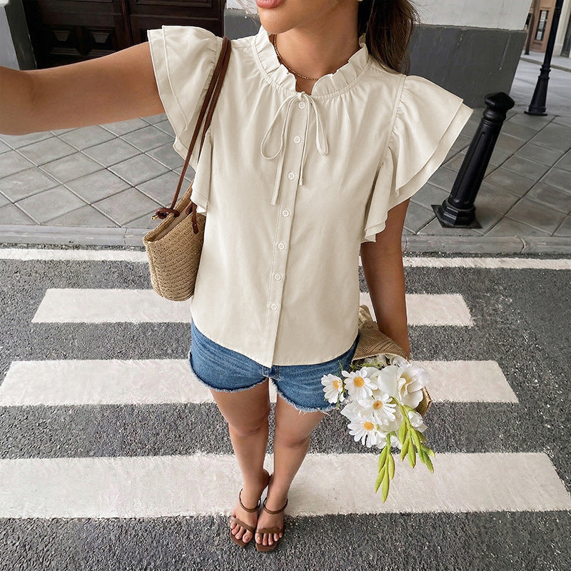 Solid Ruffle Sleeve Blouse Boho Tie Neck Top