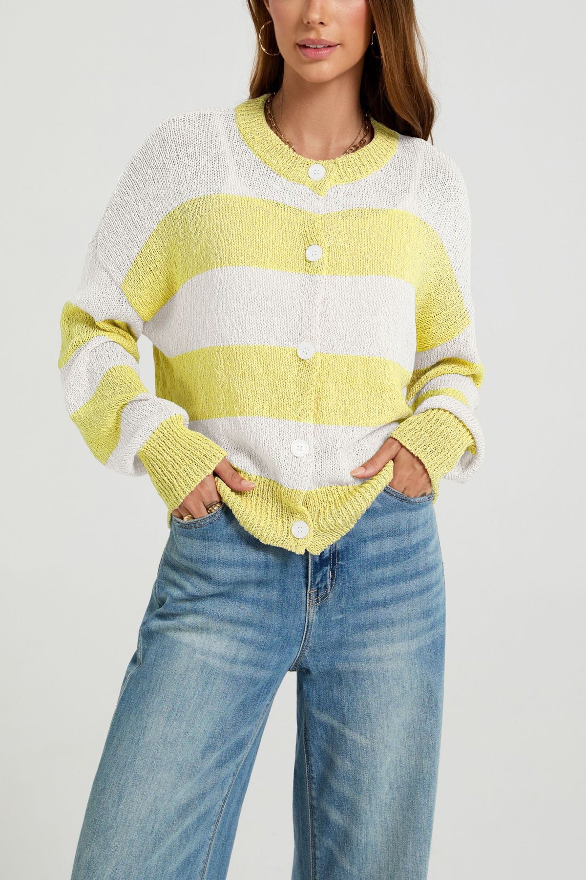 Women's Striped Chunky Knit Oversized Cardigan Sweater