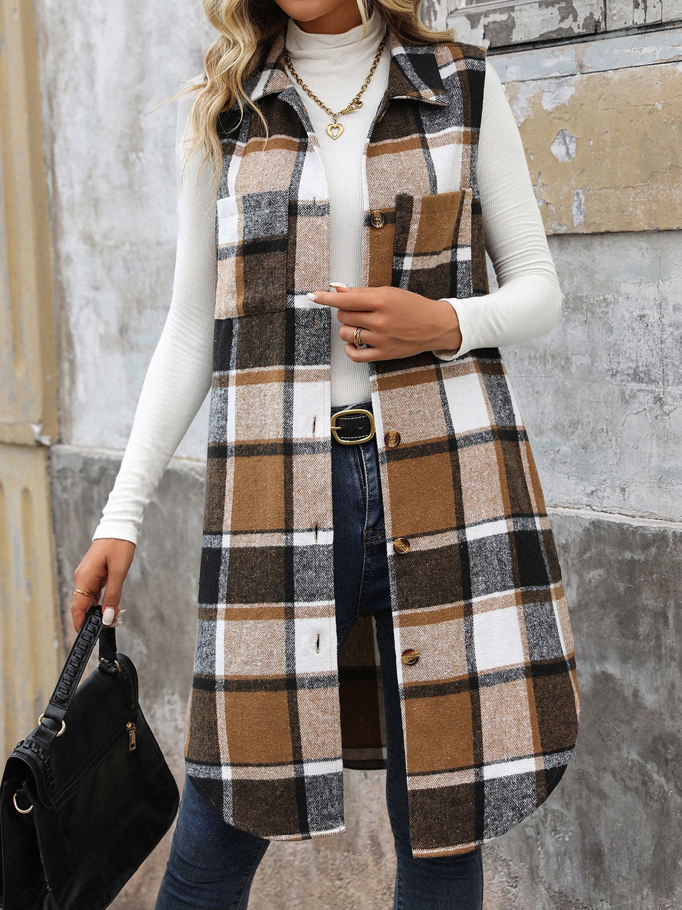 Women Plaid Sleeveless Open Front Long Cardigan Vest
