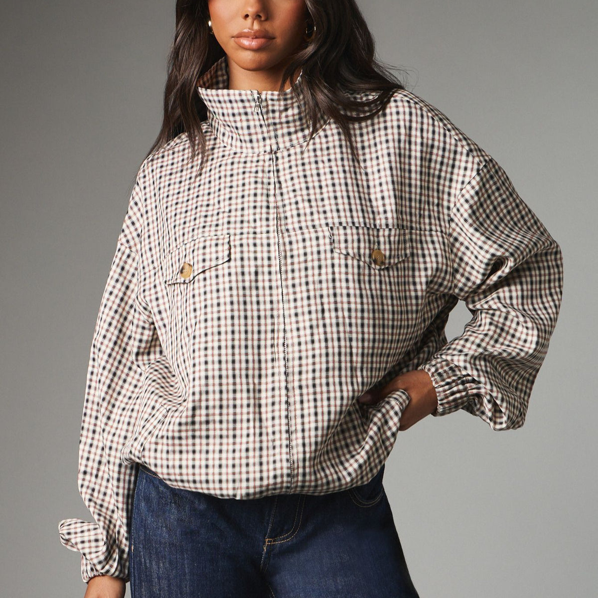 Women's Oversized Vintage Plaid Zip Up Jacket