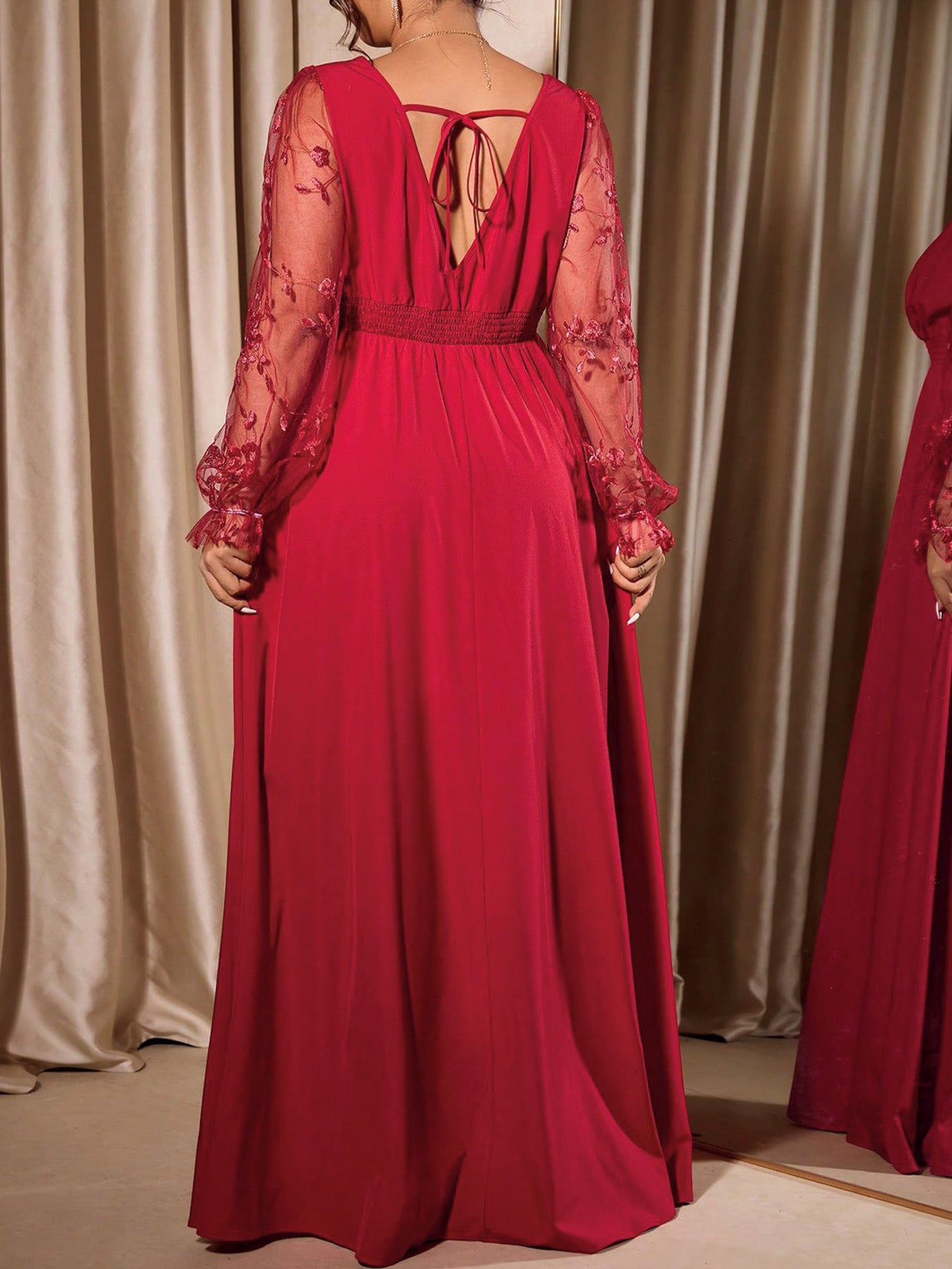 Plus Size Lace Sleeve V Neck Formal Maxi Dress