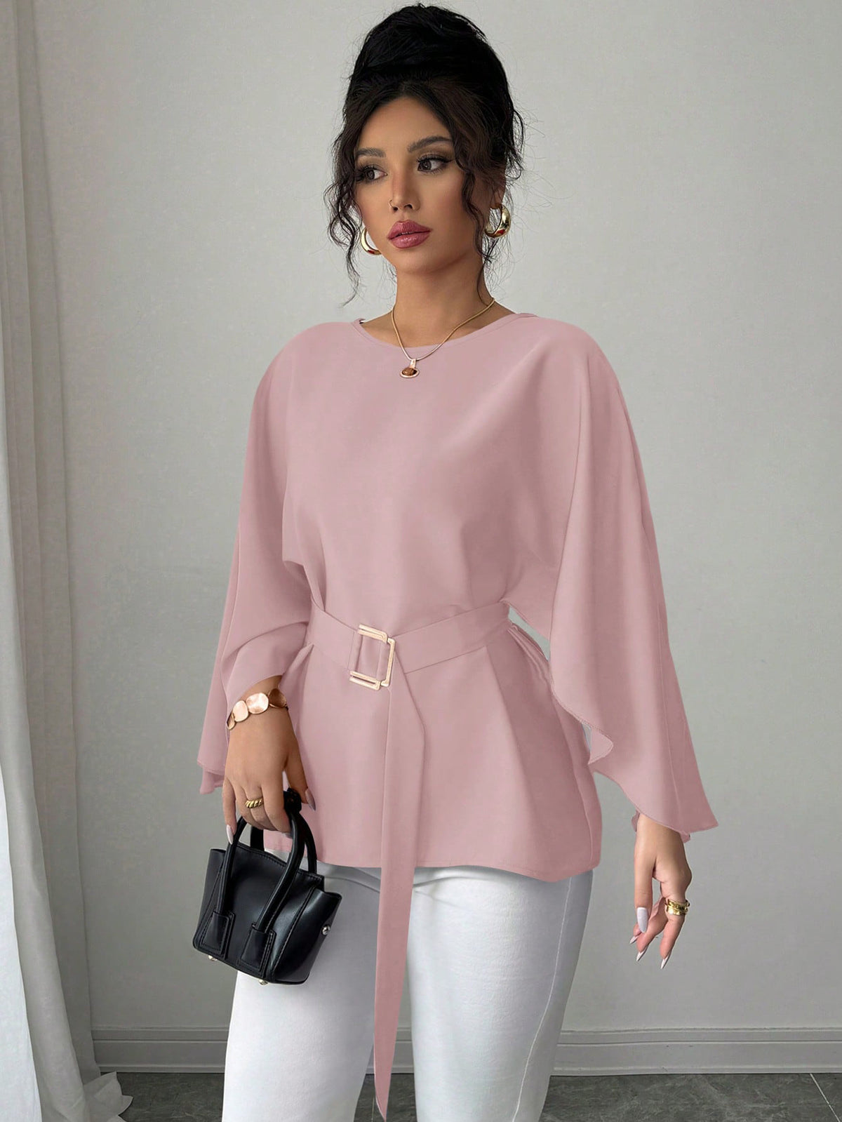 Women's French Vintage Bell Sleeve Belted Round Neck Blouse